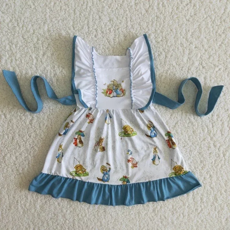 Commercio all'ingrosso di Pasqua Boutique Neonate Summer Bunny Vestiti Maniche corte Blu Twirl Dress Bambini Moda Coniglio Vestiti per bambini