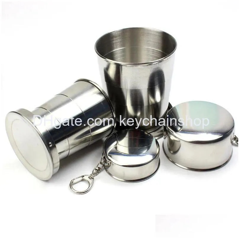Key Rings 75Ml/150Ml/250Ml Stainless Steel Folding Cup Drinkware Portable Outdoor Travel Cam Telescopic Cups With Keychain Water Coffe Dh8Xq