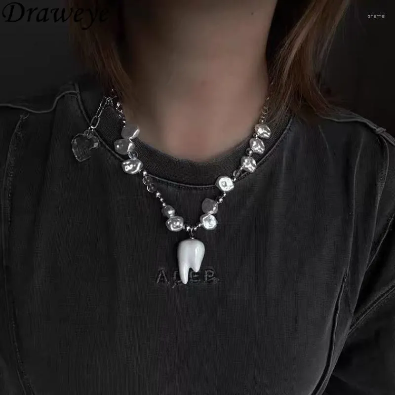 Choker Draweye Tooth Colliers Y2k Schmuck für Frauen Metallketten Perlen Anhänger Halsketteshiphop Punk Geometrische runde Halskette