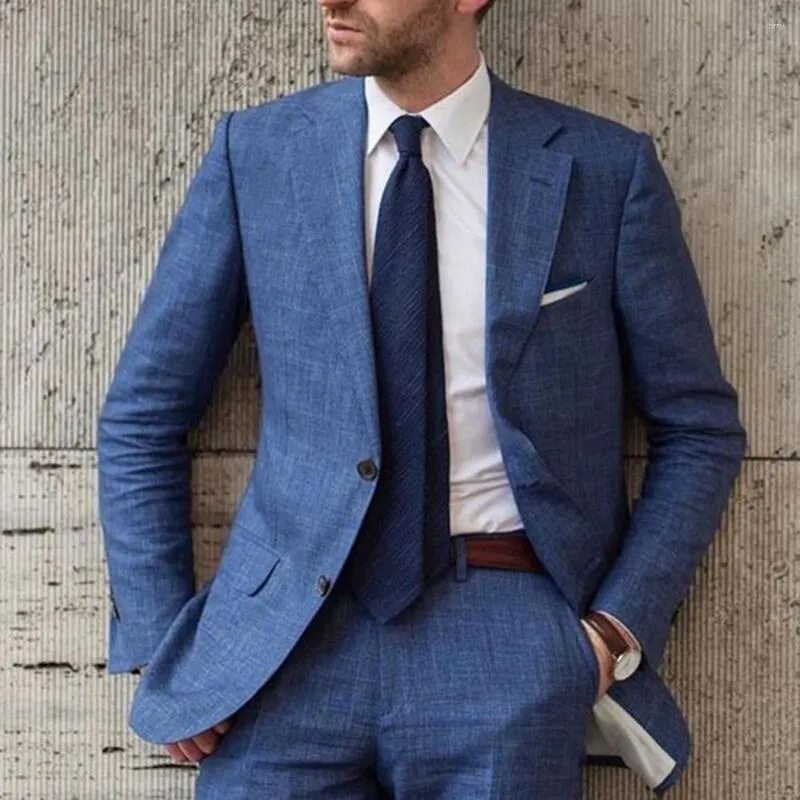 Herrenanzüge Blau Sommer Strand Leinen Männer Anzug 2023 Slim Fit 2 Stück Smoking Benutzerdefinierte Blazer Bräutigam Männliche Hochzeit Prom Jacke Hosen Kostüm Homme