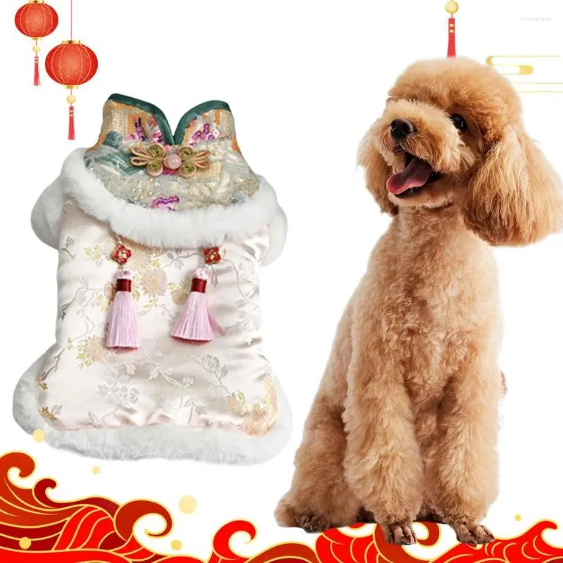 Vestuário para cães Pet Tang Terno Festivo Geométrico Lantejoulas Casaco de Algodão Borla Pano Quente Roupas de Estilo Chinês Para o Ano