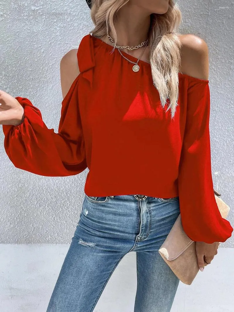 Chemisiers pour femmes Mode Slash Neck Solid Red Blouse 2023 Automne Mousseline De Soie Hors Épaule À Lacets Lâche Style Banlieusard Top Roupas Femininas