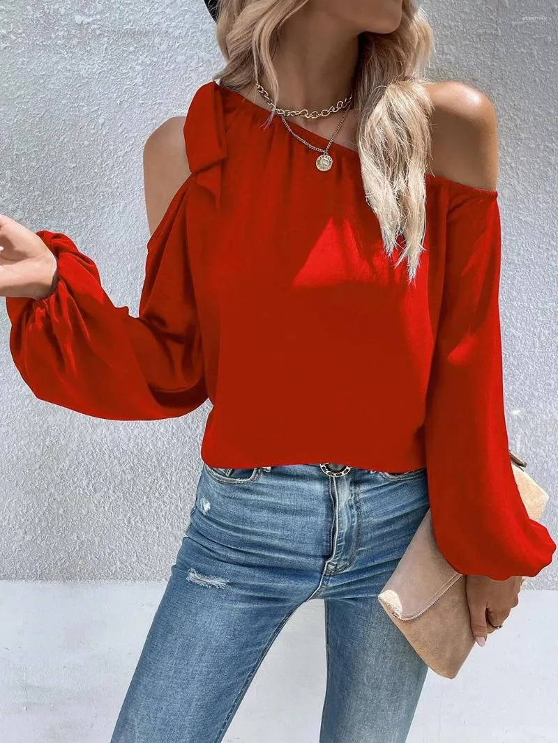 Camicette da donna Moda Scollo a barchetta Camicetta rossa tinta unita 2023 Autunno Chiffon con spalle scoperte Stringate Stile allentato Pendolare Top Roupas Femininas