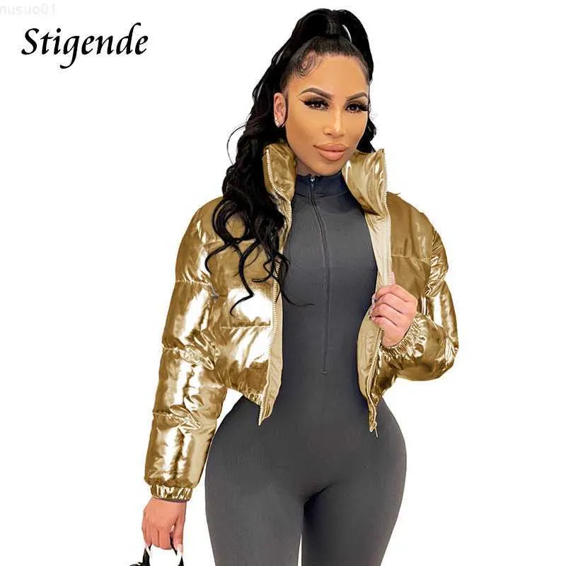 Chaquetas de mujer Stigende Algodón brillante Acolchado Abrigo dorado Mujer Invierno Cálido Cremallera Crop Top Chaqueta Patchwork Puffer Parka Outwear Veste Femme L230724