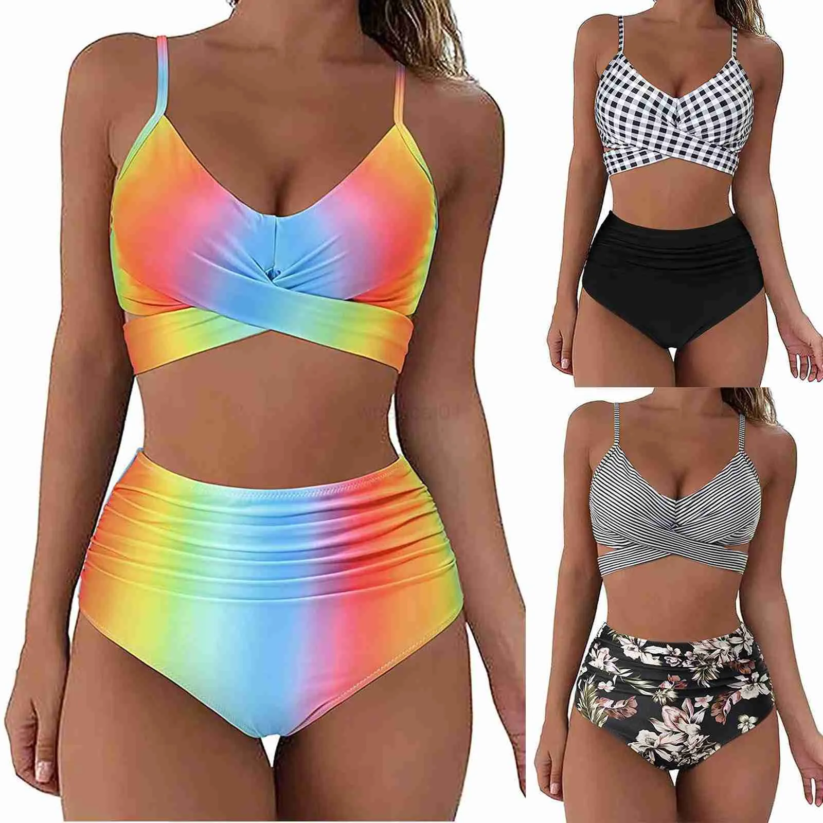 Bademode Damen Sommer Sexy Tie-Dye Split Zweiteiliger Neckholder Bikini Badeanzug Hohe Taille Zweiteiliges Set Beachwear Bikinis