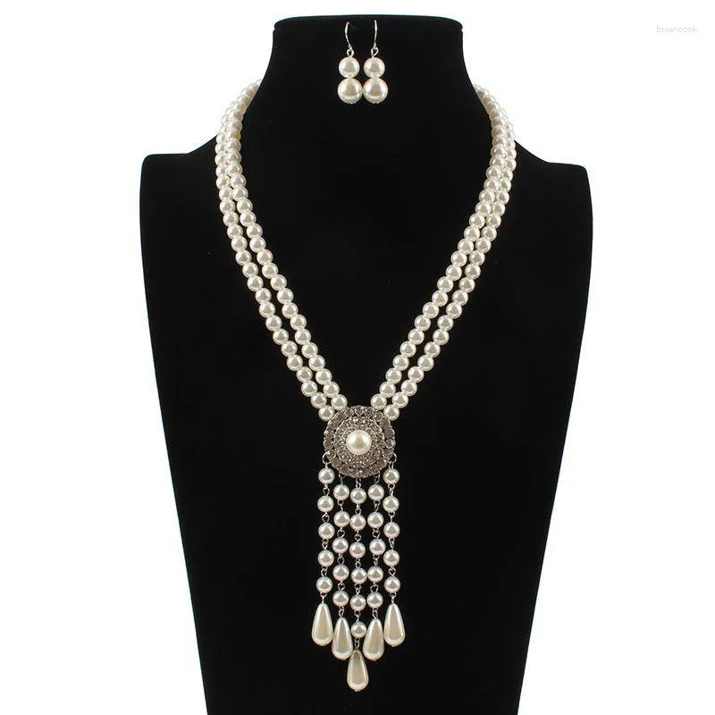 Halskette Ohrringe Set Europäische und amerikanische Mode Imitation Perle Wassertropfen Anhänger Quaste Doppelschicht Lange Pullover Kette Schmuck