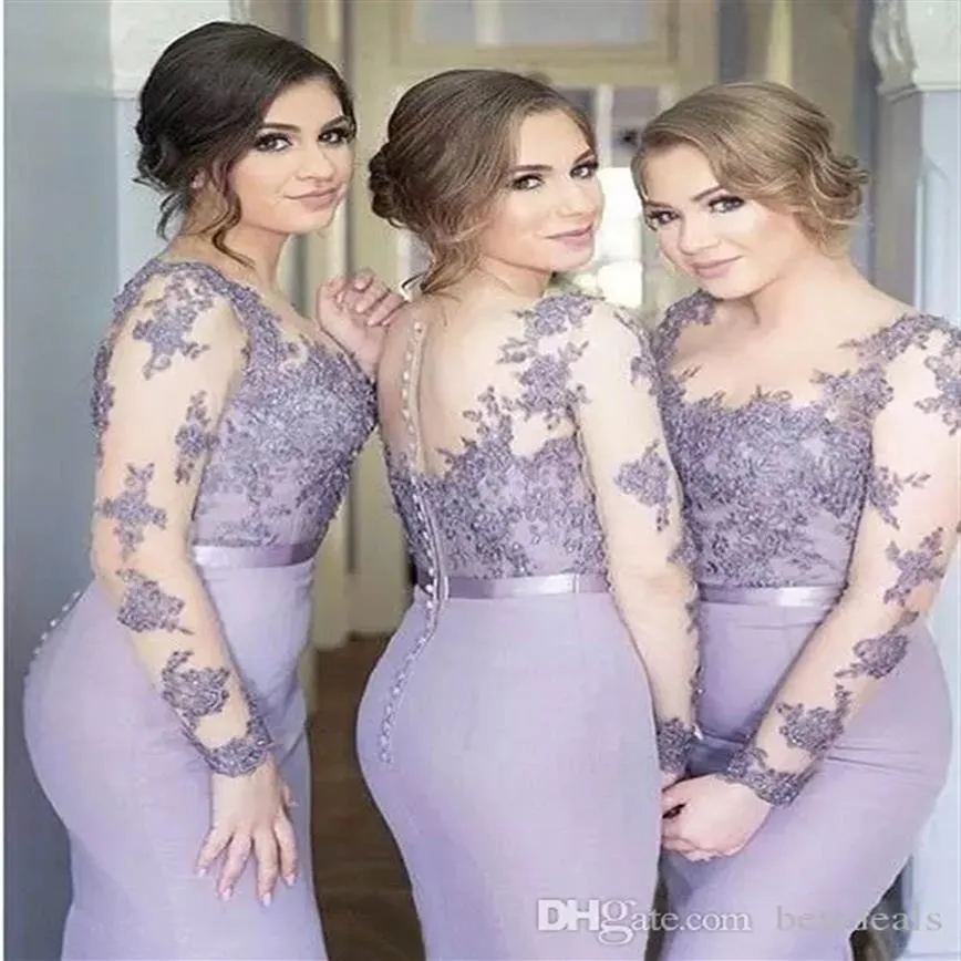 Elegante guaina abiti da damigella d'onore lunghi in raso color lavanda Appliques scollo tondo Abiti da cerimonia lunghi senza maniche trasparenti213t