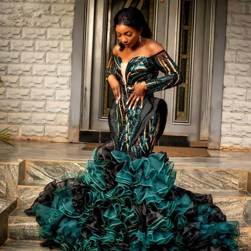 African Emerald Green Mermaid Prom Dresses 2021 Sparkle Long Sleeve Evening Gowns Full Sleeves Off Shoulder Ruffles Plus Size Part2180