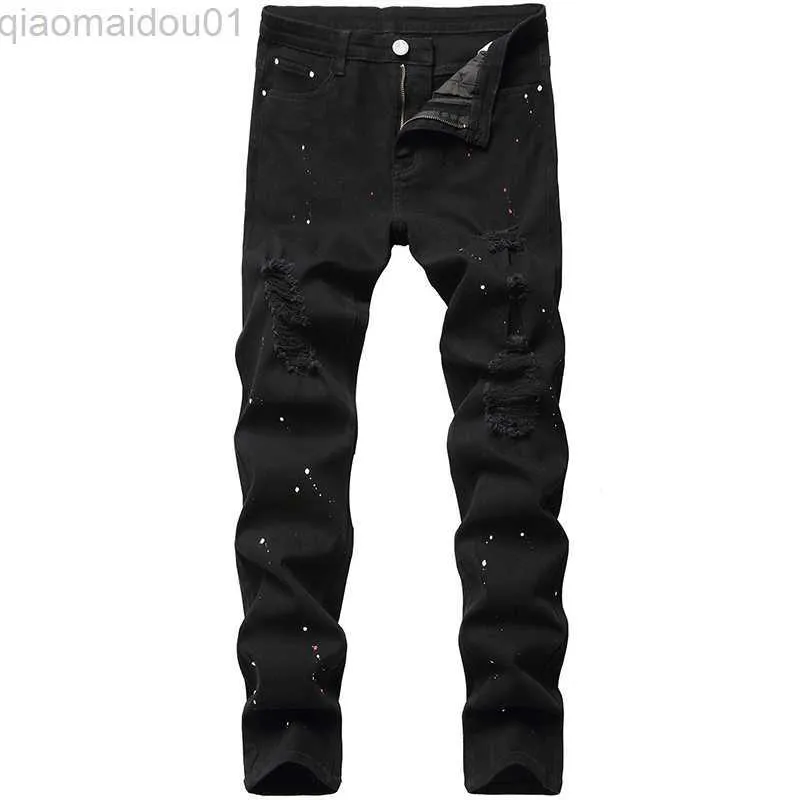 Men's Jeans Denim Jeans Design Fashion Lacquer Foot Casual Pants Stretch Regular Fit Black Long Jeans Men's New Four Season Plus Size L230724