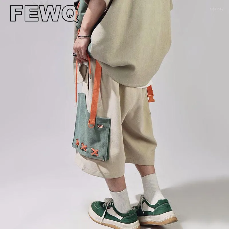 Calça Masculina FEWQ Patchwork Comprimento da Panturrilha Cargo Estilo Japonês Macacão Masculino Shorts Vários Bolsos Renda Hip Hop Trendy 24B2580