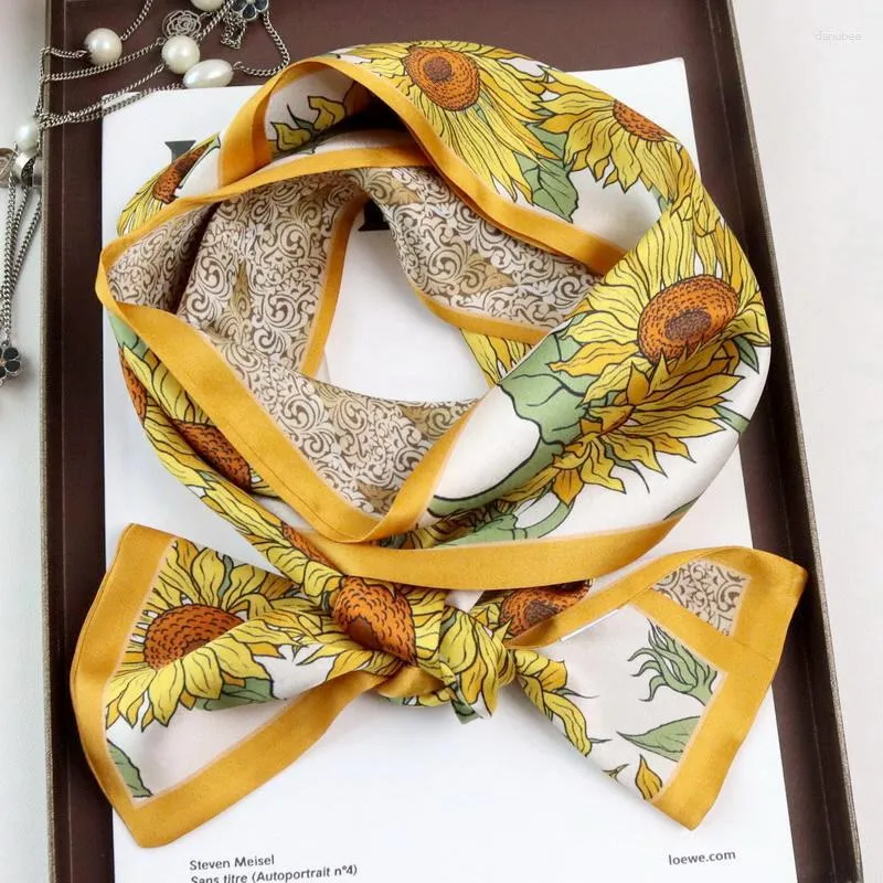Шарфы высококачественные элегантные женские изысканные золотые подсолнечные припечатки Качество простые атласные шелковые двойные двойные шарф с двойным шарфом