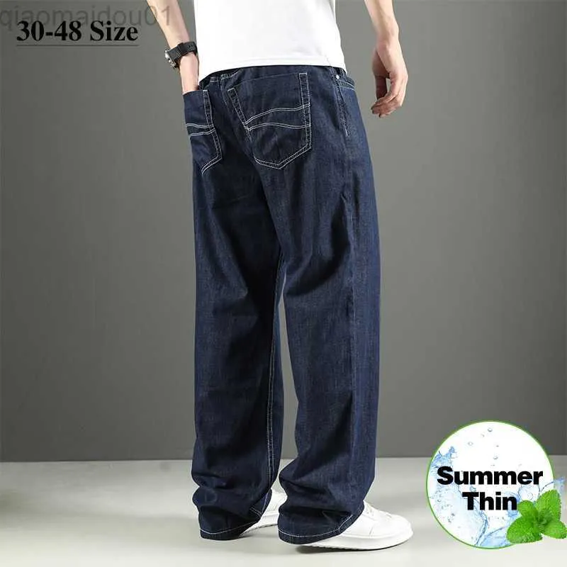 Mäns jeans plus storlek 44 46 48 Summer Thin Jeans Men baggy wide-ben byxor 100% bomull bekväm klassisk rak casual denimbyxor l230724