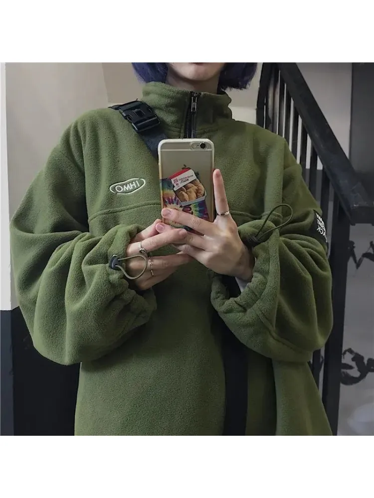 Женские толстовок толстовок Houzhou Vintage Fleece Green Jackets Women Harajuku Streetwear Негабаритная толстовка на молнию