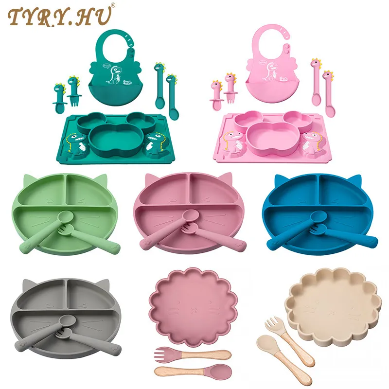 Tasses Vaisselle Ustensiles TYRY HU Bébé Doux Silicone Ventouse Bol Assiette Tasse Bavoirs Cuillère Fourchette Ensembles Vaisselle antidérapante Alimentation des enfants Sans BPA 230724