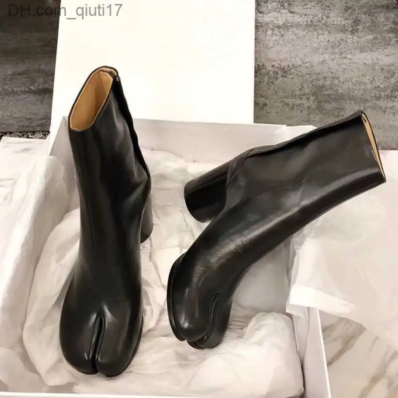 부츠 디자인 Tabi Boots 분할 발끝에서 청키 한 하이힐 여성 부츠 가죽 Zapatos Mujer 패션 가을 여성 신발 Botas Mujer1 Z230724