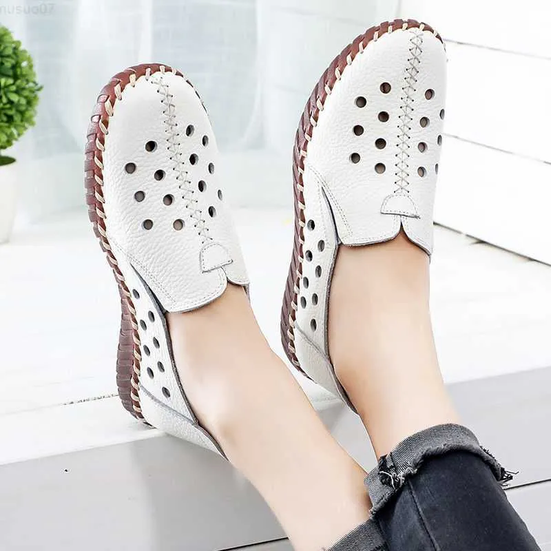 Dress Shoes Top Quality Handmade Moccasins Women's Genuine Leather Shoes Soft Sole Oxford Sneaker Woman Wide Fit Hollow Loafers Ballet Flats L230724