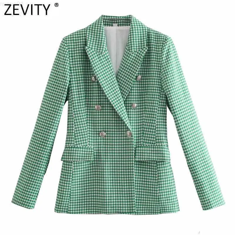 Women's Suits Blazers Zevity Women Vintage Green Pink Houndstooth Plaid Print Blazer Coat Office Ladies Double Breasted Outerwear Chic Slim Tops CT726 L230724