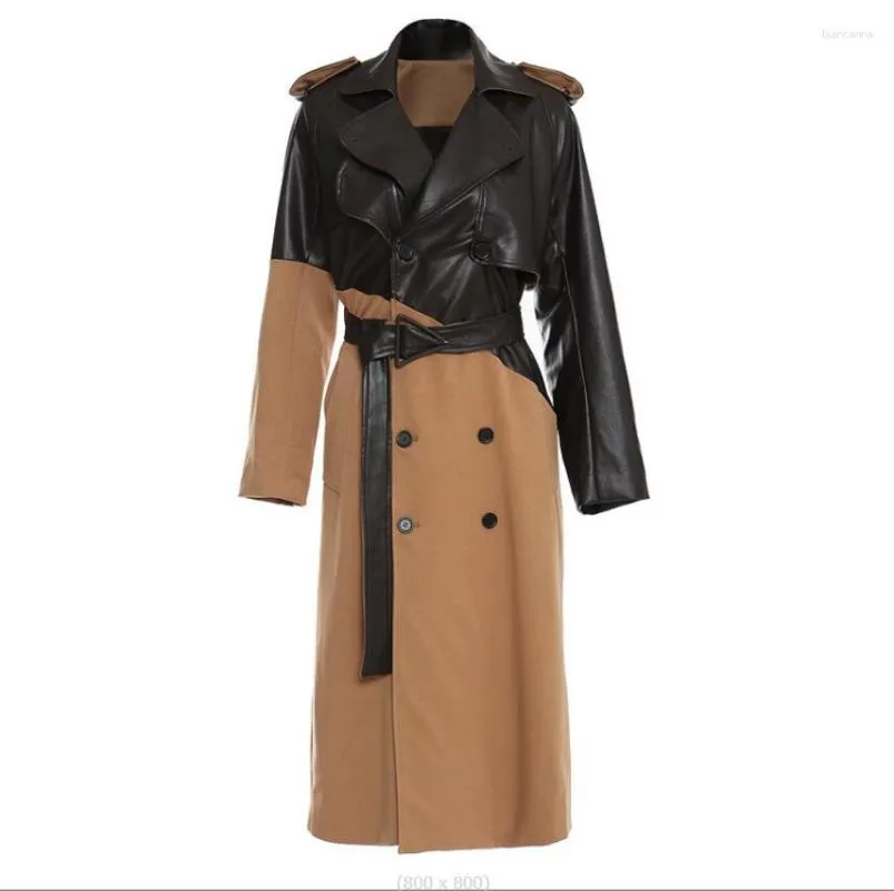 Women's Trench Coats Patchwork Leather Coat Mid Length Style Long Jacket Over Knee Tie Up Waist Khaki Color Matching Fashion Outwear