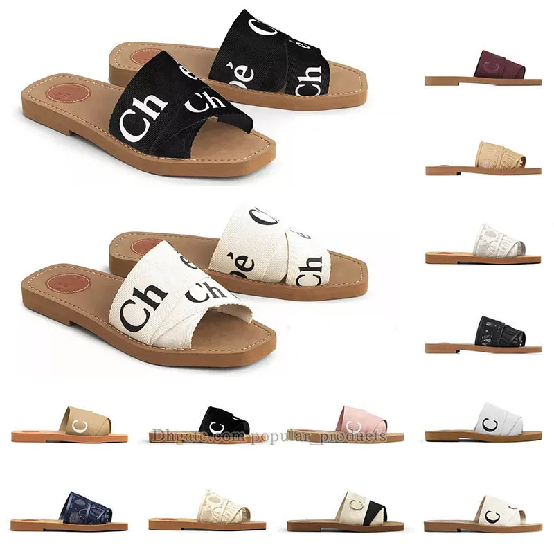 Designer Woody Pantoufles Sandales Diapositives Designers célèbres Femmes Mule Plat Slide Beige Blanc Noir Rose Lettrage Tissu Toile Femme Slipper Slider Chloees Sandal