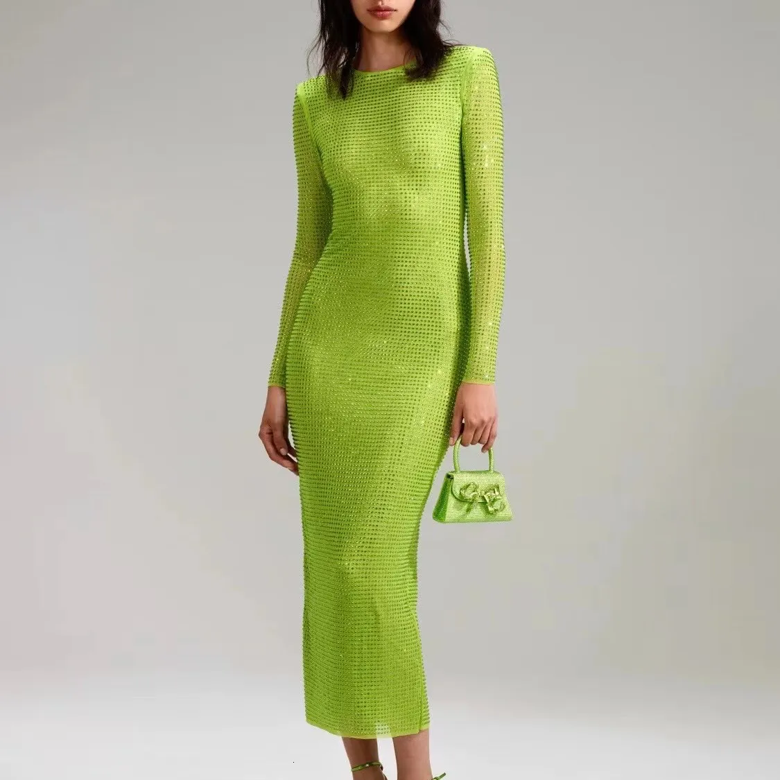 Basic Casual Dresses Green Sequined Beaded Party Dress Women Blingbling Bodycon Long Sleeve Long Dress 230721