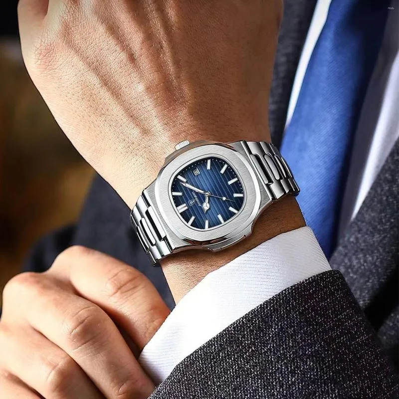 Relógios de pulso 613 Relógio de luxo comercial à prova d'água relógio masculino luminoso data aço inoxidável quadrado quartzo masculino Reloj Hombre