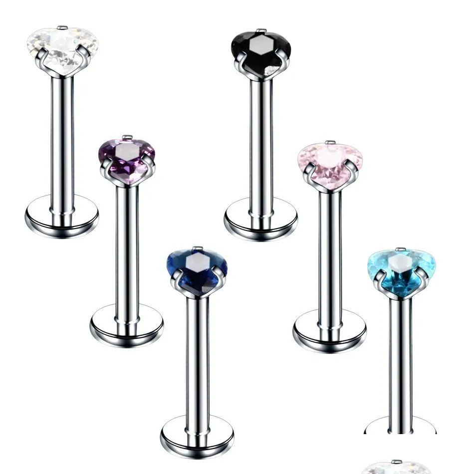 Labret piercing labial joia de aço inoxidável cristal coração labret stud drop drop body