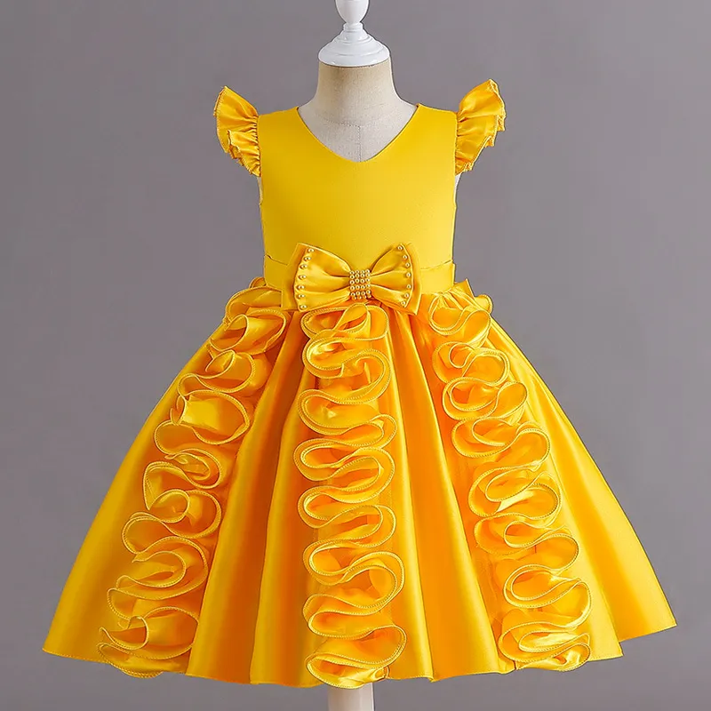 Сатинированное вечернее платье New Girls с маленькими летающими рукавами сладкое платье принцессы школьное шоу Хостать сплошной цветочный платье для лука