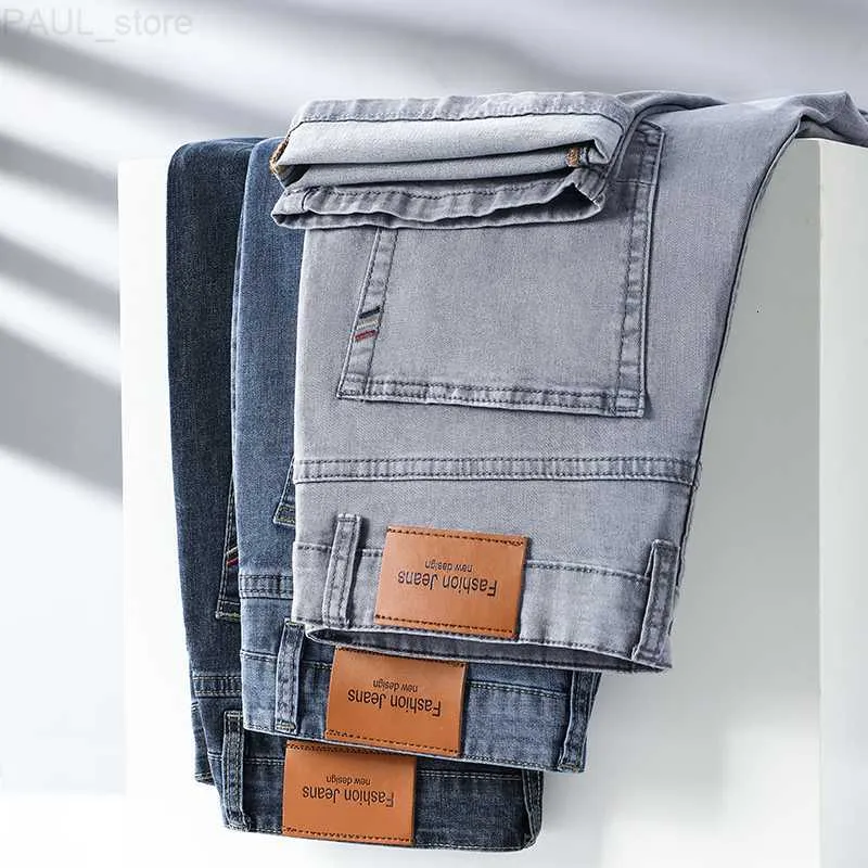 heren jeans merk pasvorm recht lichtgewicht katoen stretch zakelijk casual hoge taille dun lichtgrijs 221123 L230724
