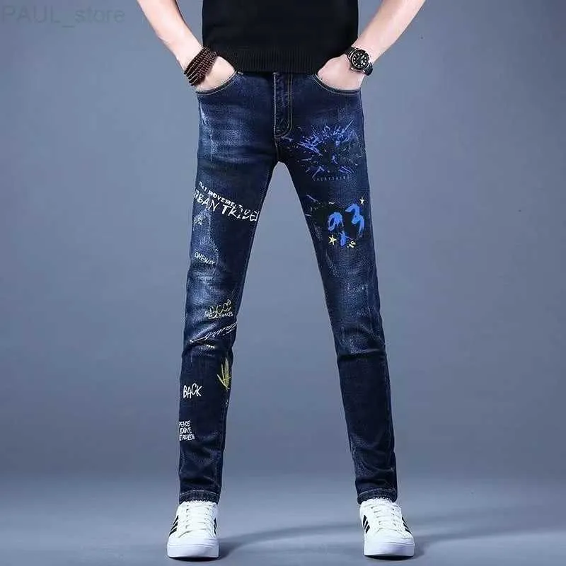 Men's Mens Jeans Style Skinny Men Trend Printed Stretch Slim Fit Denim Trousers Fashion Black Patchwork Casual Jean Pants Male 230720 L230724