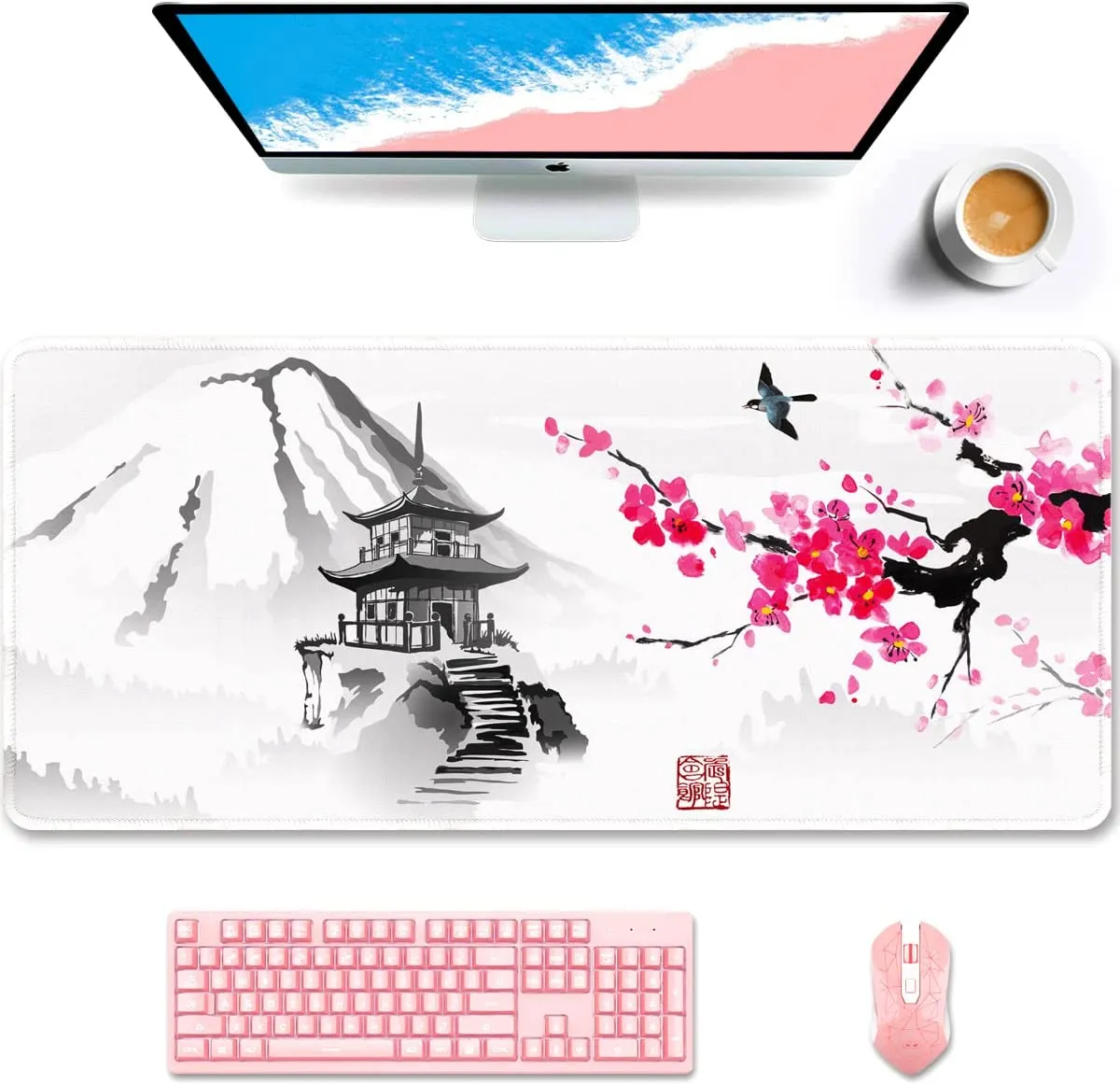 Mauspad Full Desk XXL Erweitertes Gaming-Mauspad 35,4 x 15,7 Zoll, wasserdichte Schreibtischunterlage, genähter Rand, rutschfest, Japan Fuji Sakura
