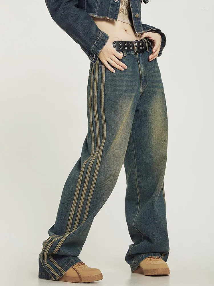 Kvinnors jeans retro hög midja street stil kvinnor koreanska mode blå bred ben lösa y2k denim byxor för