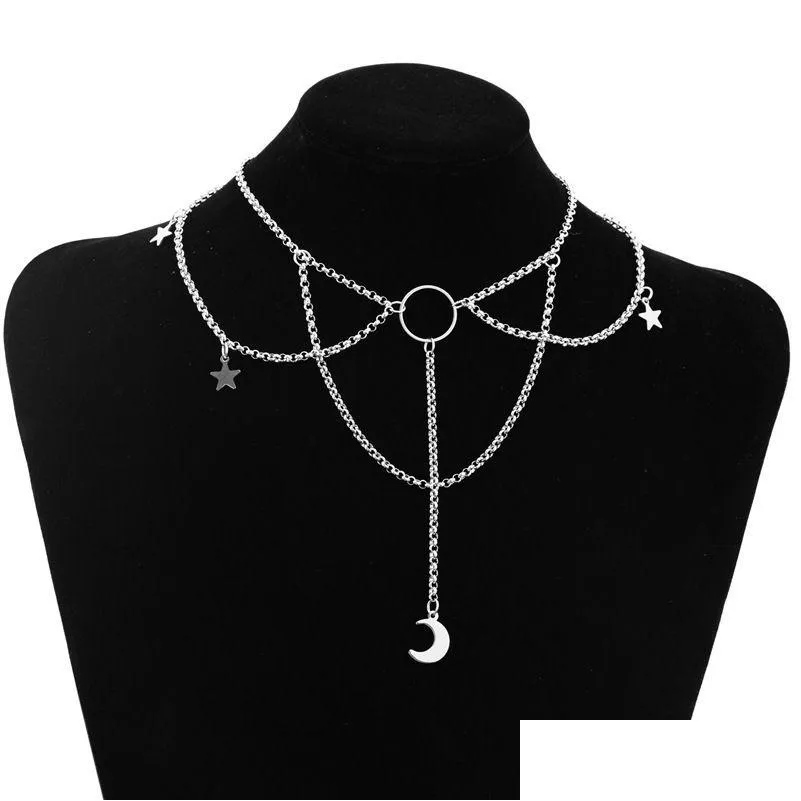 Chokers Gothic Fashion Dainty Chain Crescent Moon and Stars Choker Witch Naszyjnik Sier Kolor Pendant Punk Jewelry Women Dift DIF DHXPG