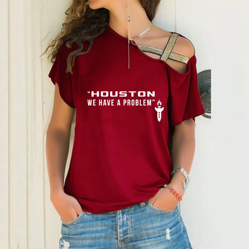 レディースTシャツヒューストン私たちは問題を抱えていますプリント女性ゆるい不規則なTシャツの夏の恋人ギフトセクシーなスキューネッククロスバンデージトップ230724