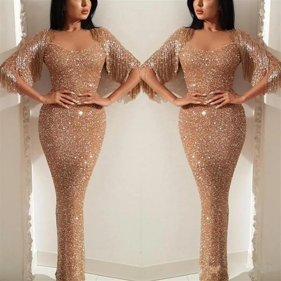 New Rose Gold Arabic New Sexy Sequins Lace Evening Dresses Illusion Jewel Neck With Tassels Mermaid Sequined Floor Length Formal P243A