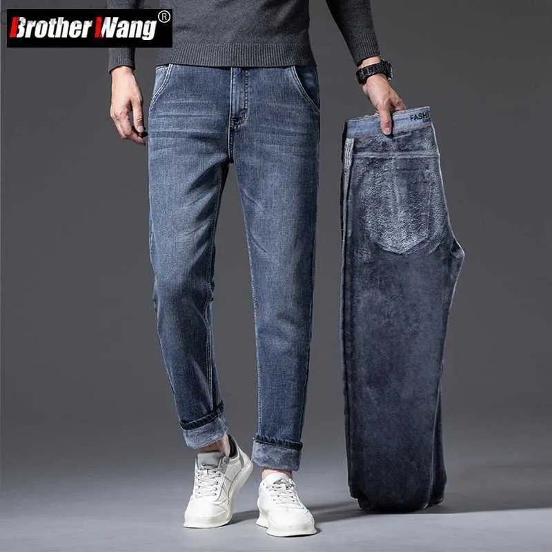 Männer Jeans 2022 Winter Herren Warme Dicke Regular Fit Jeans Stilvolle Lässige Blau Grau Fleece Denim Hosen Männliche Marke Hosen Kleidung L230724