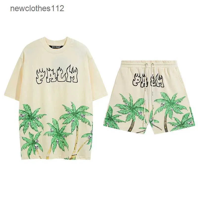 Calças masculinas Meichao Angels Palm Angel Coconut Tree Skull Head Impresso Puro Algodão Shorts Manga Curta Conjunto para Homens e Mulheres NDCR Jersey