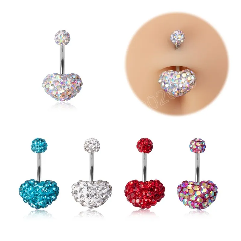 Strass coeur nombril anneau nombril Piercing ventre goujon acier inoxydable haltère Ombligo barre pour femmes Sexy corps bijoux