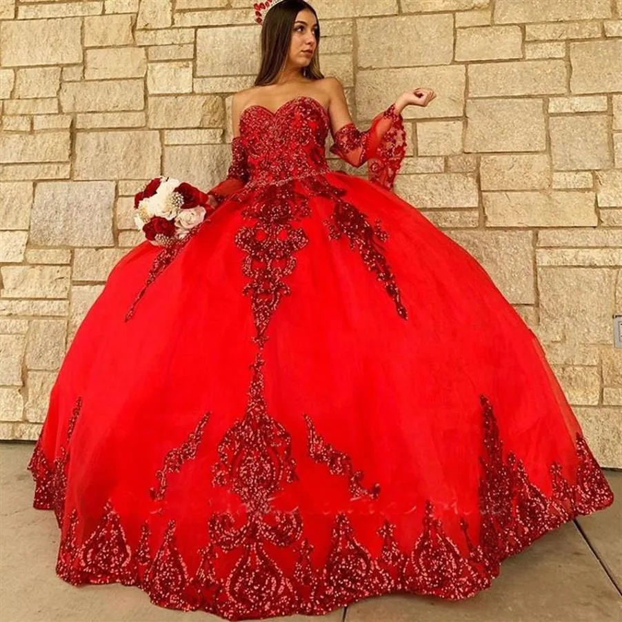 2021 Sexy oro rosa rosso Royal Blue paillettes pizzo abiti Quinceanera Ball Gown perline di cristallo paillettes innamorato con maniche Ruffl218m