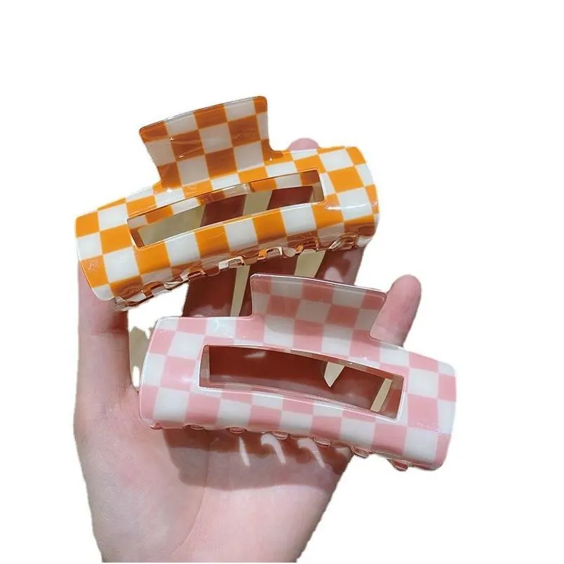 Hair Clips Barrettes Large Shark Rectangar Claw For Women No-Slip Grip Lattice Design Jaw Clamp Aesthetics Plaid Checker Claws Drop Delive