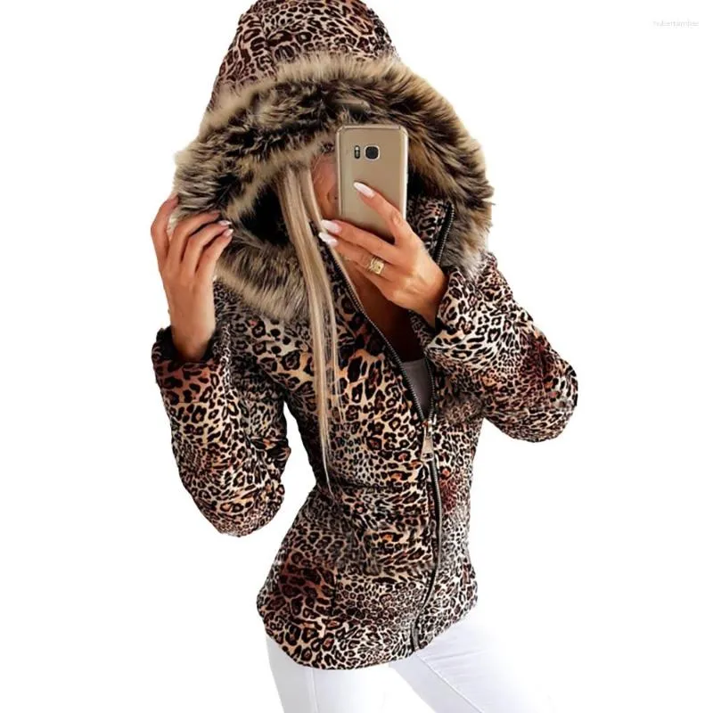 Women's Down Winter Leopard Print päls huva kvinnor termisk dragkedja kappa långärmad casual modejacka Slim fit varm tjock kvinnlig outwear