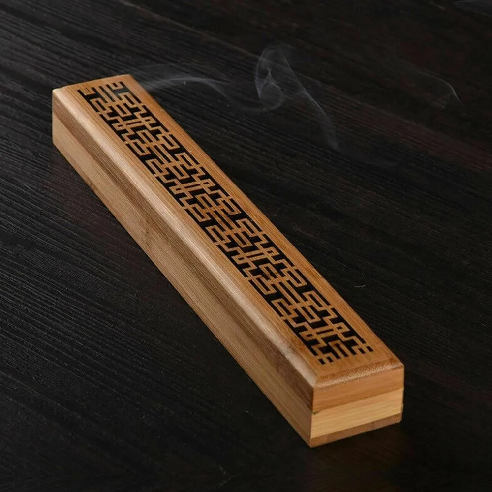 Bamboo Wooden Incense Stick Holder Burning Joss Insence Box Burner Ash Catcher