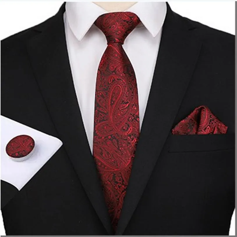 새로운 패션 패턴 Long Tie Men 8cm 실크 넥타이 남자 결혼식 공식 행사 Necktie Handkerchief CuffLinks 3 PCS Set269V
