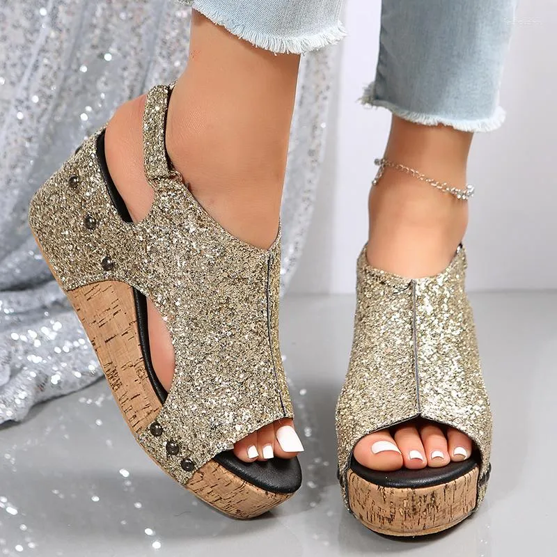 Sier sandales paillettes chunky gol plate-forme femme d'été peep toe coins sandles femme rétro arrière sangle glaidator chaussures grandes taille