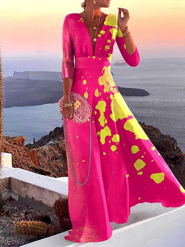 Casual Dresses Women's Long Dress Elegant Deep V-Neck Print Three Quarter Sleeve Autumn Female Vestidos 2023 Summer Floral Party Lady