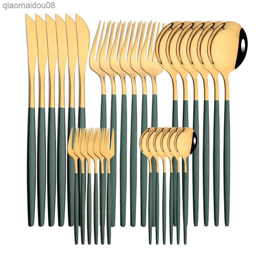 Grönt guldbestick set spegel Dinnenrware set rostfritt stål plattvarig middagskniv gaffel bordsartiklar för hemservice för 6 L230704