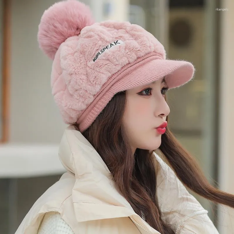 Ball Caps Fashion Warm Plush Baseball Cap Women Autumn Winter Soft Pompom Adjustable Faux Fur Thicken Outdoor Peaked Sun Hats