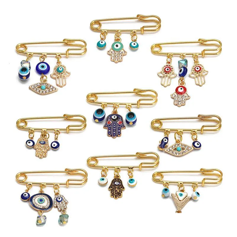 Broches Broches Creative Lucky Eye Bleu Turc Evil Eyes Pin Pour Femmes Hommes Goutte D'huile Fleur Couronne Étoile Hamsa Main Charme Mode Bijou Dhvbf