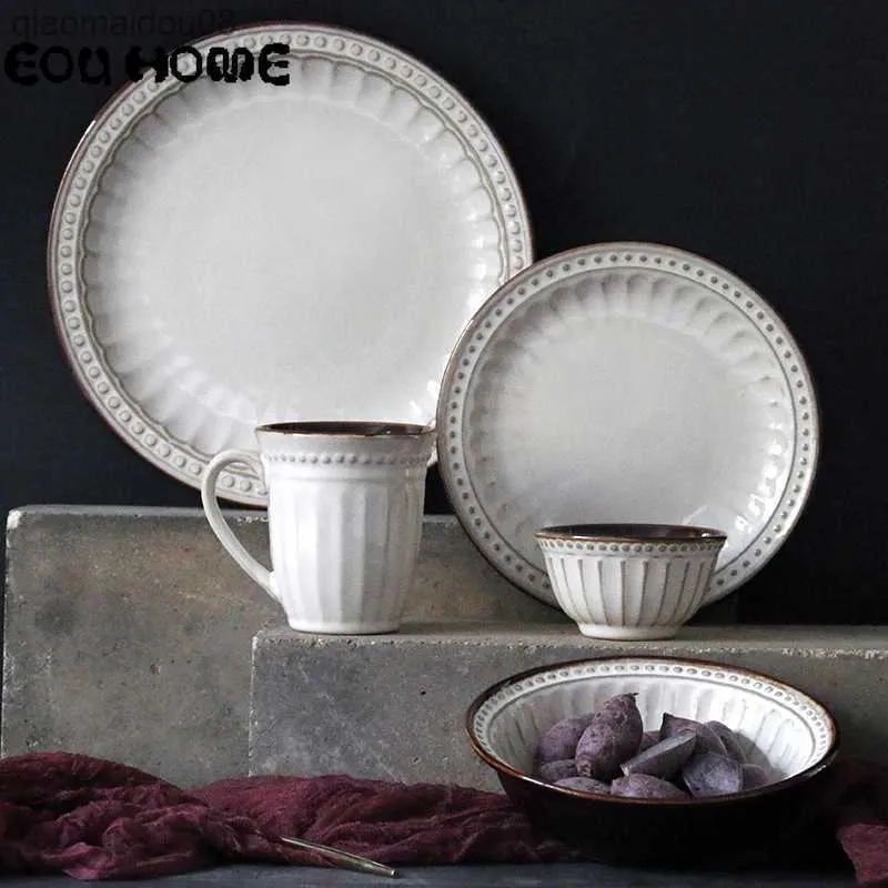 Европейский стиль керамический обеденный посуда наборы наборы обеденных тарелок Стейк блюдо для закуски для закуски для пирога фарфоровые салат рисовая чаша для кружки посуды L230704
