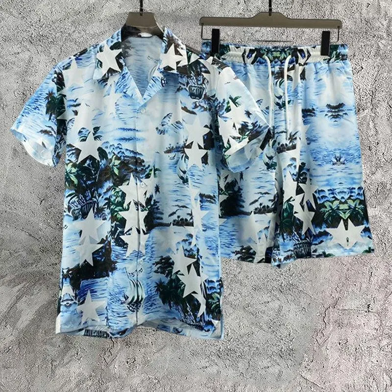 Fatos de treino masculinos Hip Hop Casual Beach Holiday Terno de manga curta camisa havaianaStreetwear masculino conjunto de agasalhos streetwear camisas com padrão de estrela