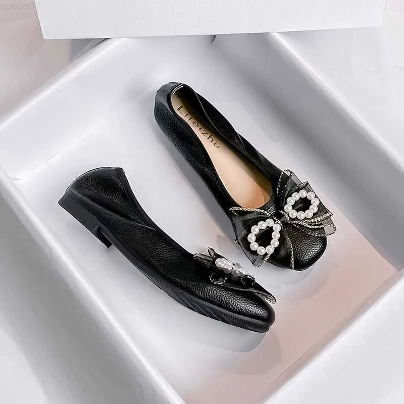 Sukienka buty nowe jesienne sznurki Pearl Bow Flat Buty Kobieta miękki dolny koronkowy balet balet płaski balet żeńskie mokasyny przytulne mokasyny duży rozmiar 43 L230724